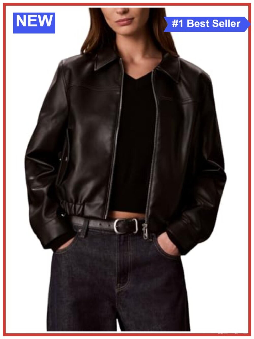 Faux Leather Bomber Jacket Full Zip Point Collar Long Sleeve Casual